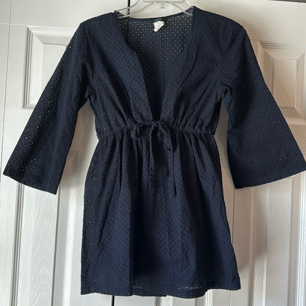 J.Crew Eyelet Tie Waist Tunic Top Navy Blue 100% Cotton 3/4 Sleeve XS